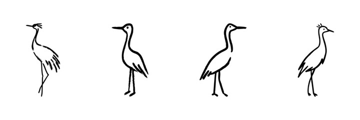 Naklejka premium Four Crane Bird Line Icons In Doodle Style. Elegant Avian Silhouettes And Wildlife Representation Outline Sketch Collection. Ornithology And Nature Art. Hand Drawn Isolated Vector Illustration