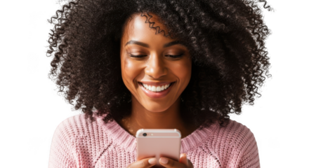 Joyful young woman smiling looking at smartphone screen holding device transparent background