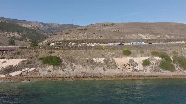 Gaviota, California - Aerial View of Gaviota Bridge With Train Tracks in Santa Barbara County, Next to the US Route 101 Freeway, Next to the Pacific Ocean on a Sunny Day