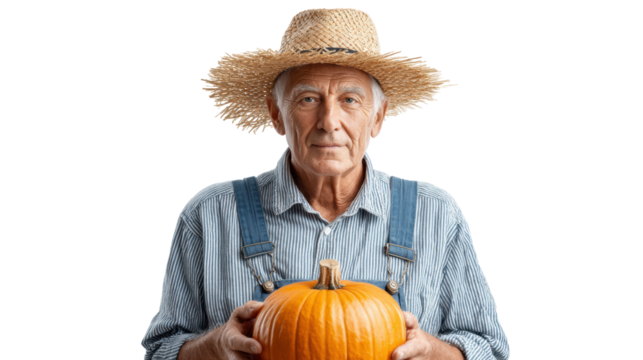 Senior Man Holding Pumpkin with Straw Hat on Transparent Background