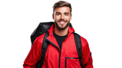 Man smiling with backpack on transparent background