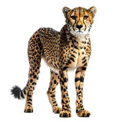 Spotted cheetah standing alert, looking forward, eyes intense, fur detail