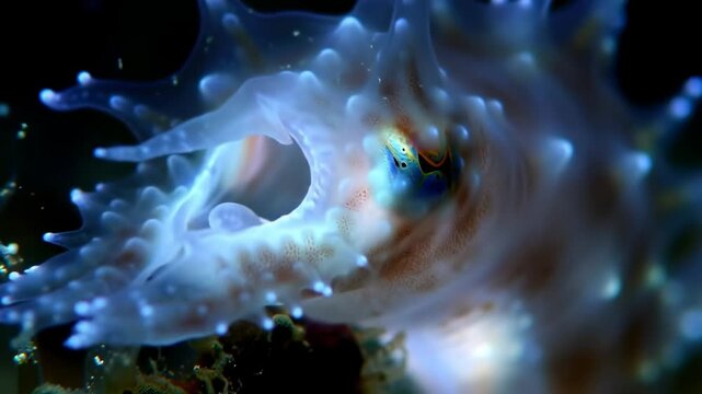 Translucent marine animal with bright orange eye and blue tinged extremities, underwater scene