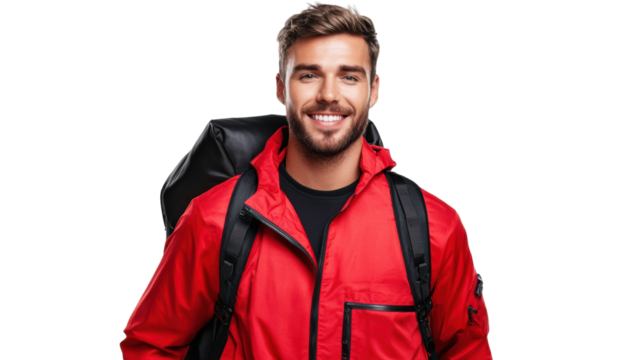 Man smiling with backpack on transparent background