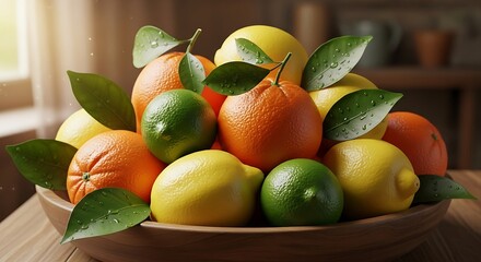 Bowl full of fresh citrus fruits, including oranges, lemons, and limes, with green leaves on a table