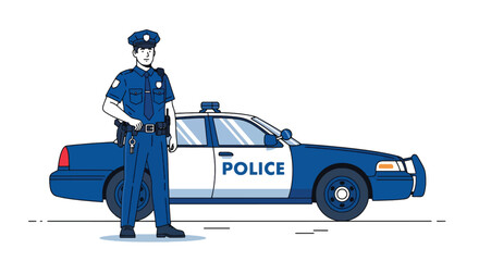 Flat vector illustration of police officer standing beside patrol car on city street. Solid colors, clean minimal shapes, no gradients, concept of public safety and urban law enforcement © meeblues