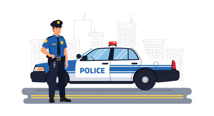 Flat vector illustration of police officer standing beside patrol car on city street. Solid colors, clean minimal shapes, no gradients, concept of public safety and urban law enforcement © meeblues