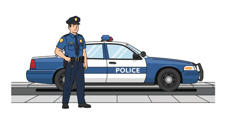 Flat vector illustration of police officer standing beside patrol car on city street. Solid colors, clean minimal shapes, no gradients, concept of public safety and urban law enforcement © meeblues