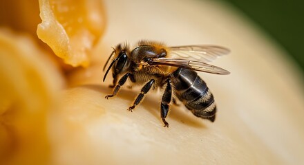 A macro shot captures a honeybee, revealing intricate details, perched on a golden, textured surface. The bee's wings are partially extended, and its body is segmented