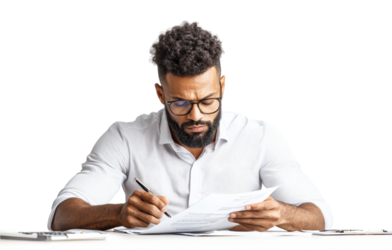 Focused Man Reviewing Documents on Transparent Background - Powered by Adobe