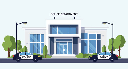 Flat vector illustration of police station building with flag, signage, and parked patrol cars. Solid clean palette, simple geometric shapes, no gradients, civic law enforcement theme © meeblues