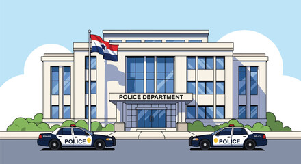 Flat vector illustration of police station building with flag, signage, and parked patrol cars. Solid clean palette, simple geometric shapes, no gradients, civic law enforcement theme © meeblues