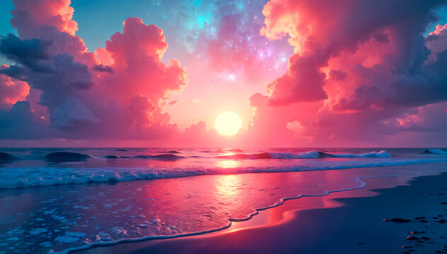 Colorful sunset over ocean, colorful clouds, beautiful horizon line