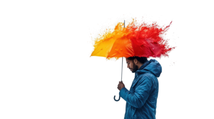 Man with Exploding Colorful Umbrella on Transparent Background