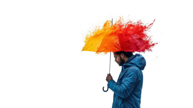 Man with Exploding Colorful Umbrella on Transparent Background