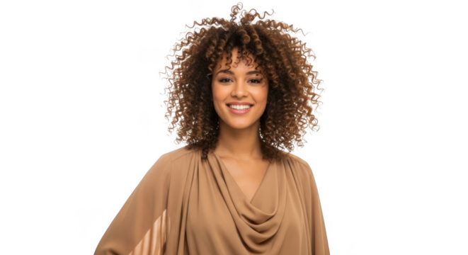 Smiling woman with voluminous curly hair wearing a flowing tan garment transparent background