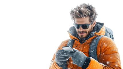 Man in Winter Gear Checking Phone on Transparent Background