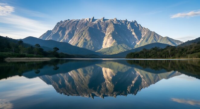 A majestic mountain range is reflected in a calm lake. Lush green forests frame the serene waters under a clear blue sky