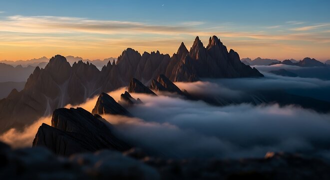 A majestic mountain range pierces through thick, low-lying clouds as the sun casts a warm golden glow across the sky - Powered by Adobe