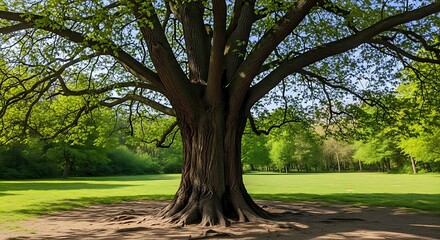 A majestic, aged tree with a thick trunk stands in a sunlit meadow. Green foliage forms a wide canopy