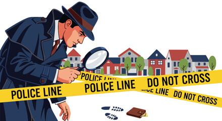 Flat vector illustration of detective examining evidence with magnifying glass near police tape. Solid warm palette, clean composition, no gradients, investigation scene concept