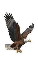Obraz premium A majestic bald eagle soars gracefully through the air, wings spread wide against a bright white backdrop. The bird is depicted in flight