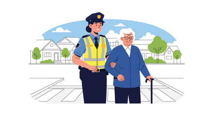 Flat vector illustration of police officer assisting elderly citizen crossing city street. Solid pastel tones, no gradients, friendly community safety concept in law enforcement