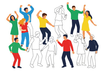 Group of People Dancing in Colorful Clothes and Outlined Figures