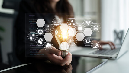 Hexagon interface combining AI, data, analytics, and cybersecurity. AI connects systems, data drives analytics, data supports decisions, and AI enables smart business infrastructure. Latch