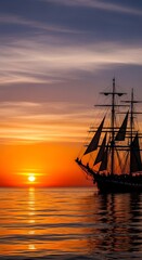 A majestic ship sails on calm waters as the sun sets. Orange and gold hues paint the sky and reflect on the ocean
