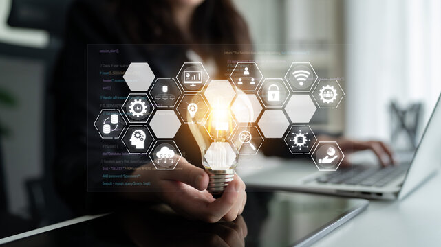 Hexagon interface combining AI, data, analytics, and cybersecurity. AI connects systems, data drives analytics, data supports decisions, and AI enables smart business infrastructure. Latch