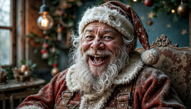 A cheerful and cunning Santa smiles charmingly and winks cheerfull. Christmas Eve, magic