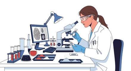 Flat vector illustration of forensic expert analyzing fingerprint samples in lab. Solid clean tones, no gradients, detailed investigation and scientific law enforcement concept