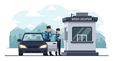 Flat vector illustration of officers checking vehicle at border checkpoint. Solid bold palette, clean layout, no gradients, travel safety and security inspection theme