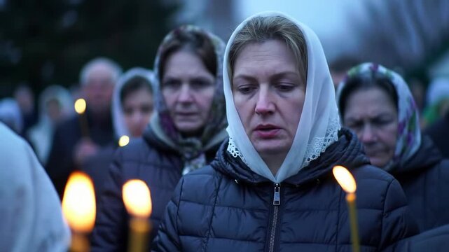 Women in headscarves hold candles in somber twilight