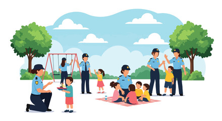 Flat vector illustration of police officers interacting with children at park outreach event. Solid bright palette, no gradients, community trust and safety promotion theme