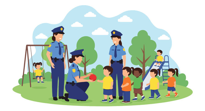 Flat vector illustration of police officers interacting with children at park outreach event. Solid bright palette, no gradients, community trust and safety promotion theme