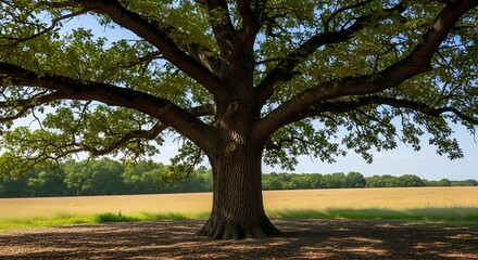 A majestic tree spreads its branches, casting a shadow over a field of golden grass. Distant woods meet blue sky