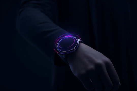 futuristic wearable technology, neon interface holographic smartwatch display hovers above wrist against dark background