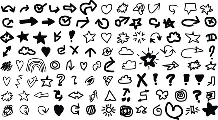 Collection of hand drawn doodle icons and symbols on white background
