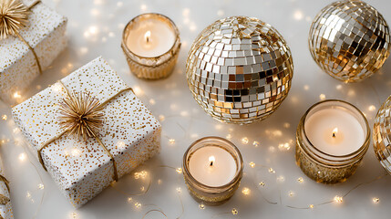 Elegant New Year Eve 2026 celebration flatlay with golden candles, mini disco balls, wrapped gift boxes, and a soft sparkle gradient across the scene, isolated on white background