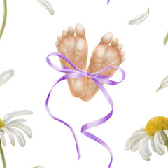Premature baby feet tied with purple silk ribbon bow and chamomile flowers.Symbolic watercolor illustration for neonatal awareness,World Prematurity Day campaigns,and supportive charity projects
