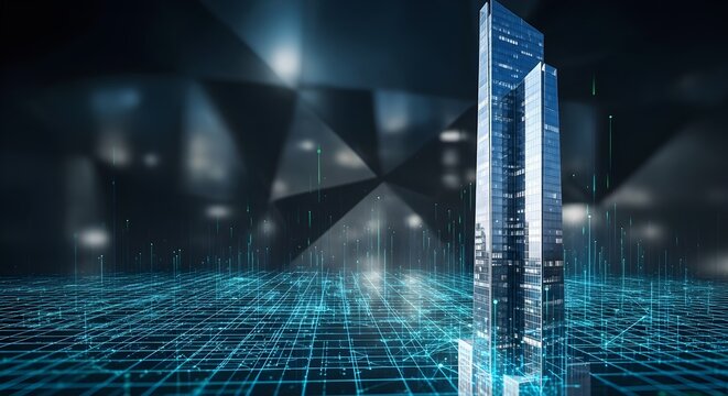 Futuristic Skyscraper in Digital Network Grid, Symbolizing Smart City, AI, and Global Connectivity