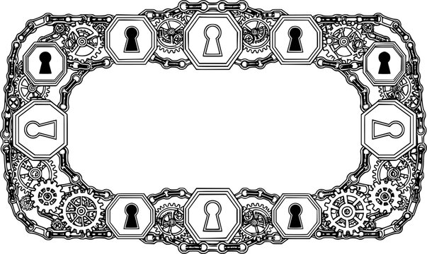 Steampunk Chain Border: Geometric Keyhole and Gears, Line Art Design
