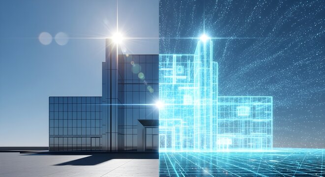 Modern Glass Skyscraper and Futuristic Digital Blueprint Building Split Image, Technology Concept