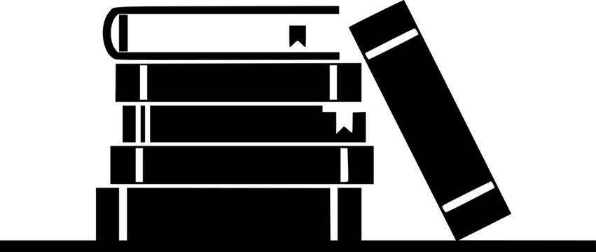 Minimalist black and white illustration depicting stack of books on a shelf, with one book leaning.
