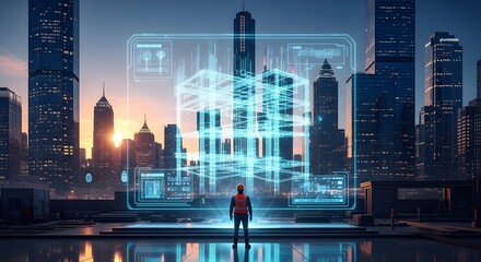 Futuristic Architect Oversees Digital Blueprint of Skyscraper Construction in Modern Cityscape at Dusk