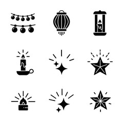Icon set featuring candles and lanterns in minimalist black style