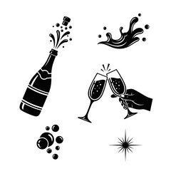Champagne bottle popping and clinking glasses in black silhouette style