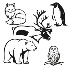 Animal icon set featuring a fox, bear, reindeer, penguin, and owl